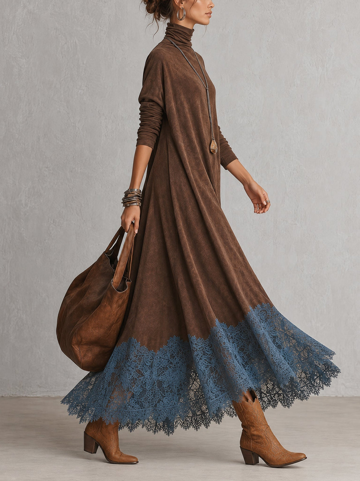 Antonella | Abito elegante in stile vintage con effetto pelle scamosciata e orlo in pizzo