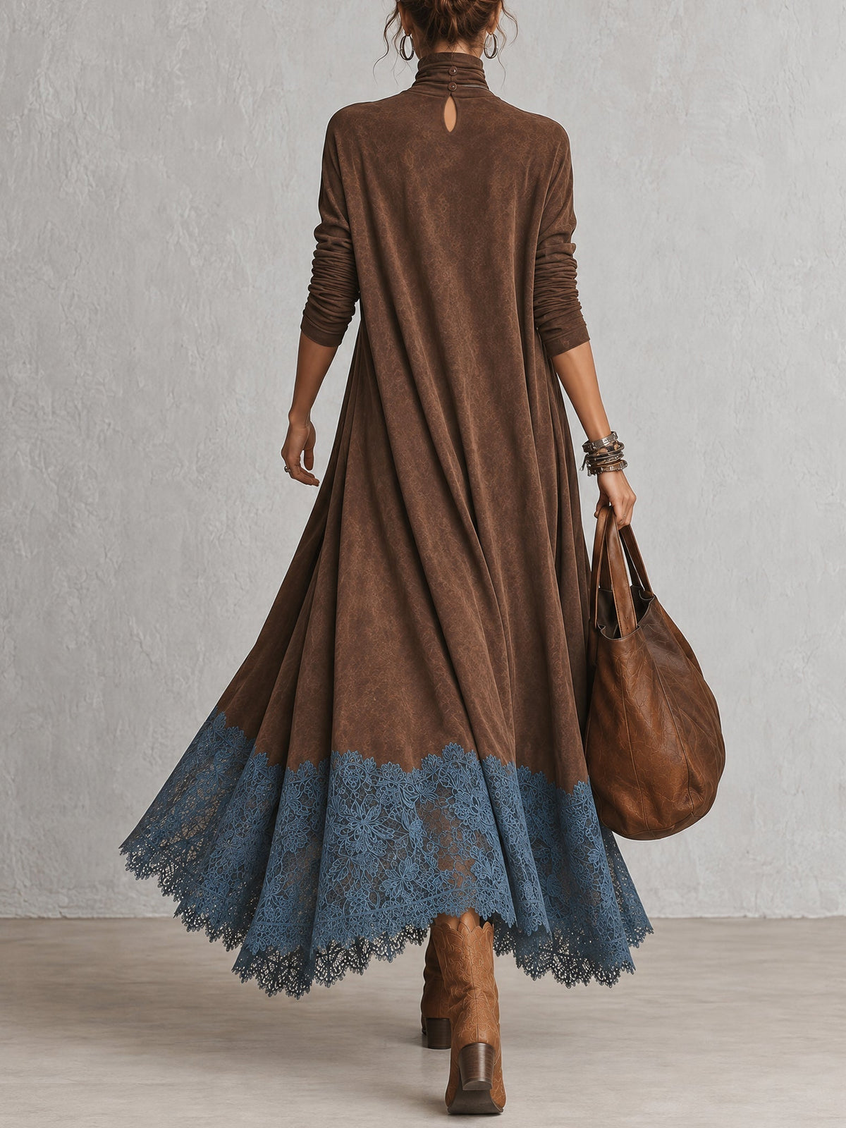 Antonella | Abito elegante in stile vintage con effetto pelle scamosciata e orlo in pizzo