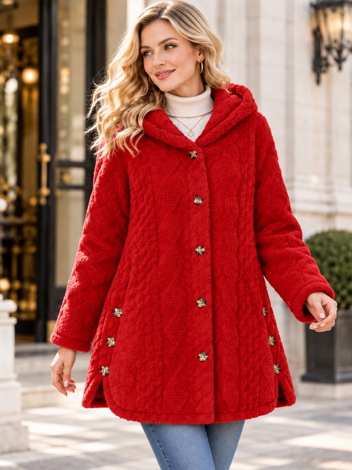 Wendy | Cappotto con cappuccio in maglia testurizzata per donna, caldo e avvolgente