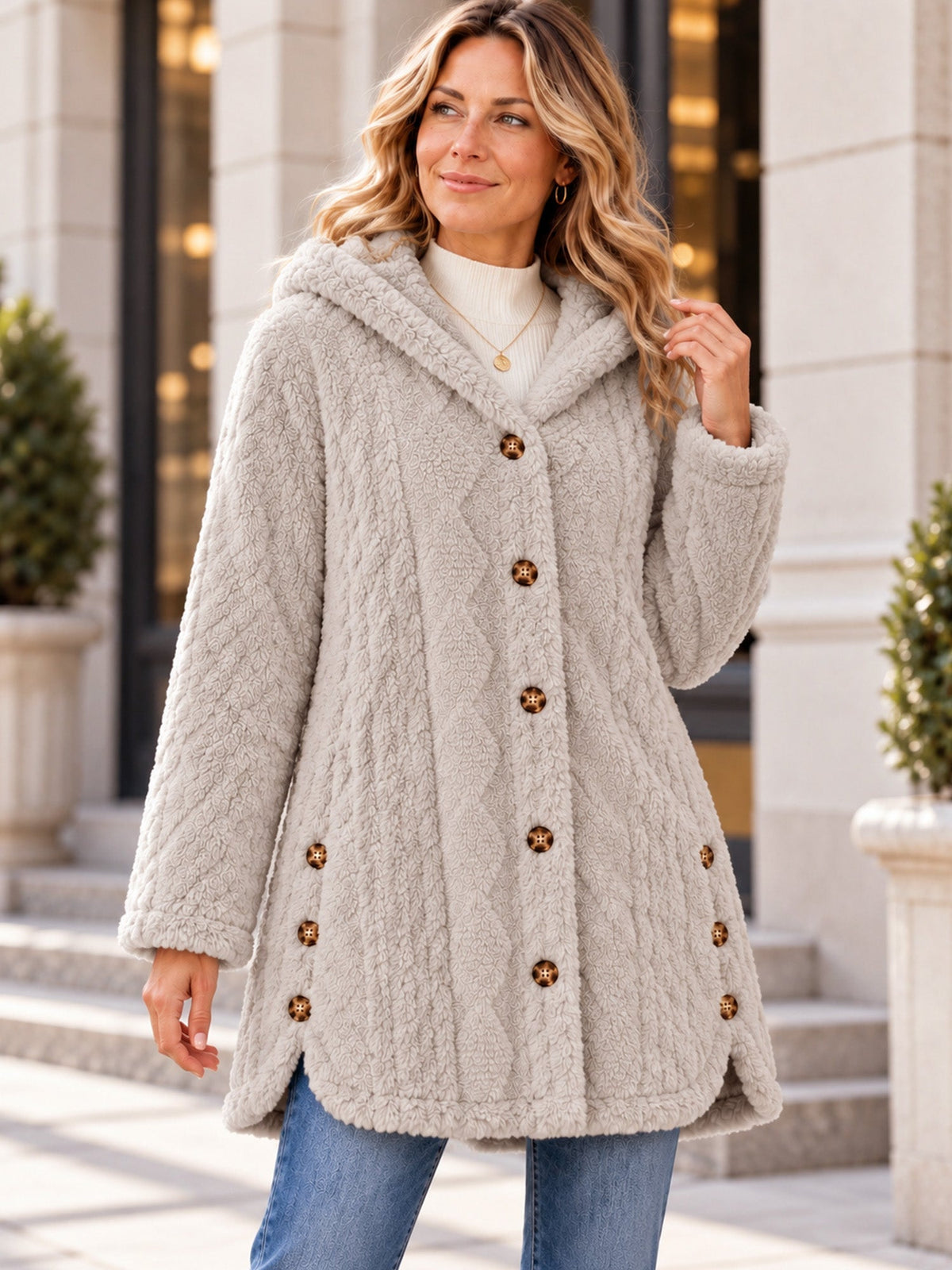 Wendy | Cappotto con cappuccio in maglia testurizzata per donna, caldo e avvolgente