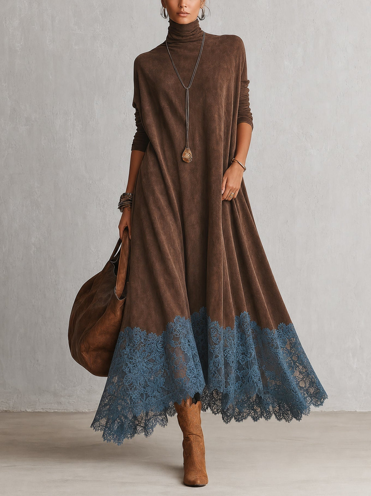 Antonella | Abito elegante in stile vintage con effetto pelle scamosciata e orlo in pizzo