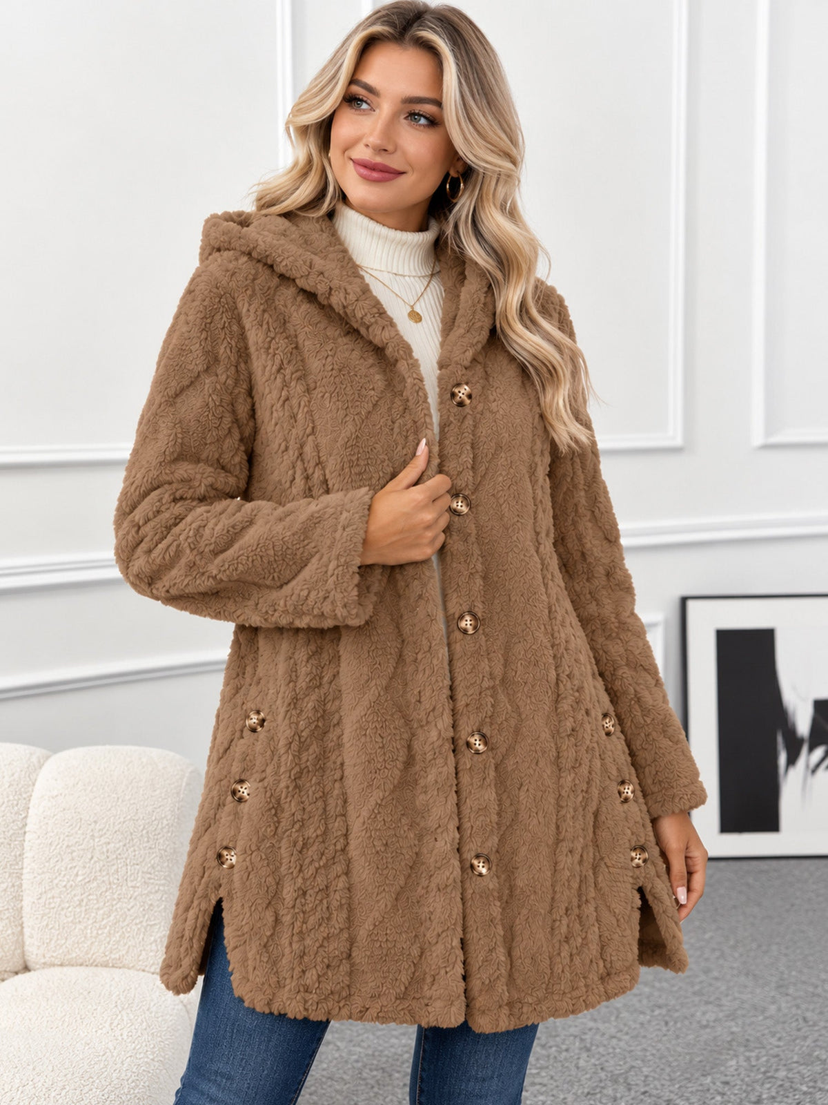 Wendy | Cappotto con cappuccio in maglia testurizzata per donna, caldo e avvolgente