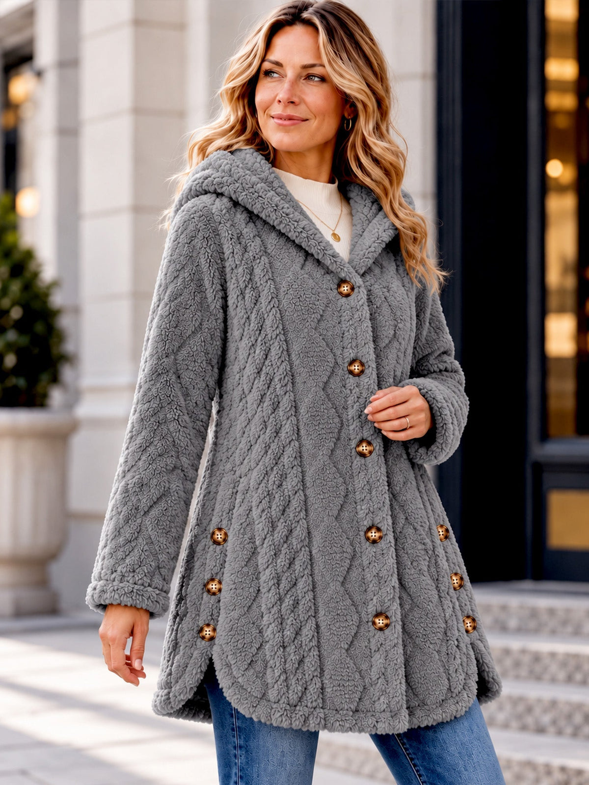 Wendy | Cappotto con cappuccio in maglia testurizzata per donna, caldo e avvolgente