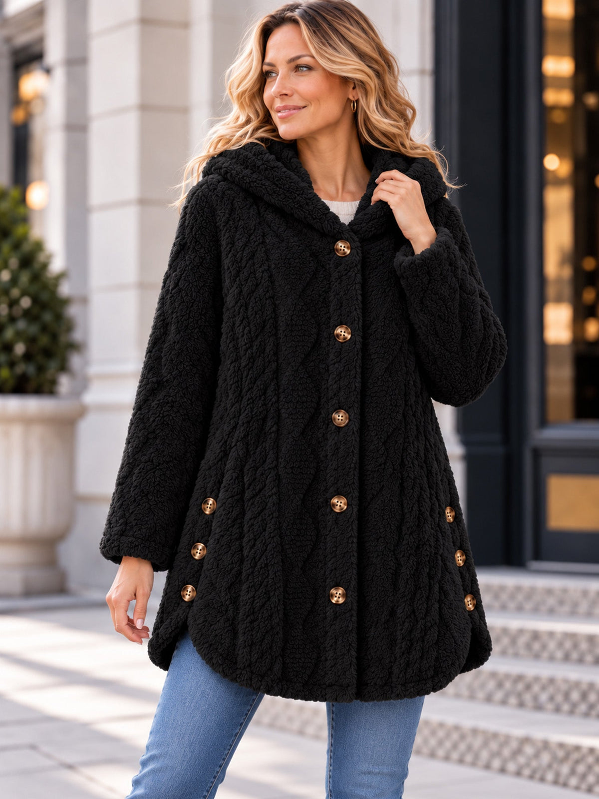 Wendy | Cappotto con cappuccio in maglia testurizzata per donna, caldo e avvolgente