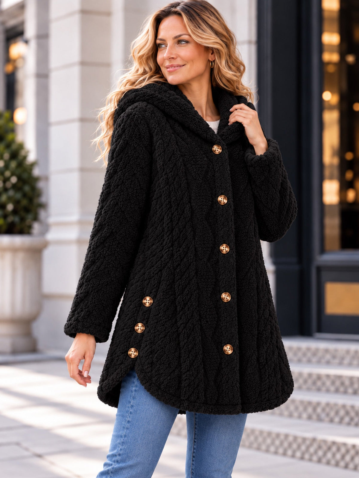 Wendy | Cappotto con cappuccio in maglia testurizzata per donna, caldo e avvolgente
