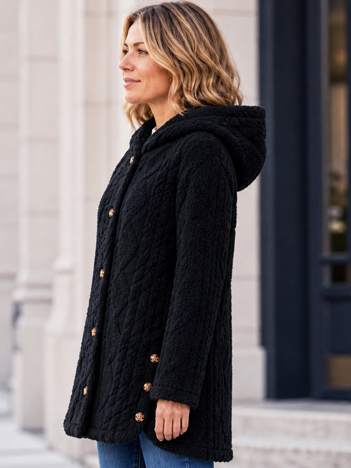Wendy | Cappotto con cappuccio in maglia testurizzata per donna, caldo e avvolgente