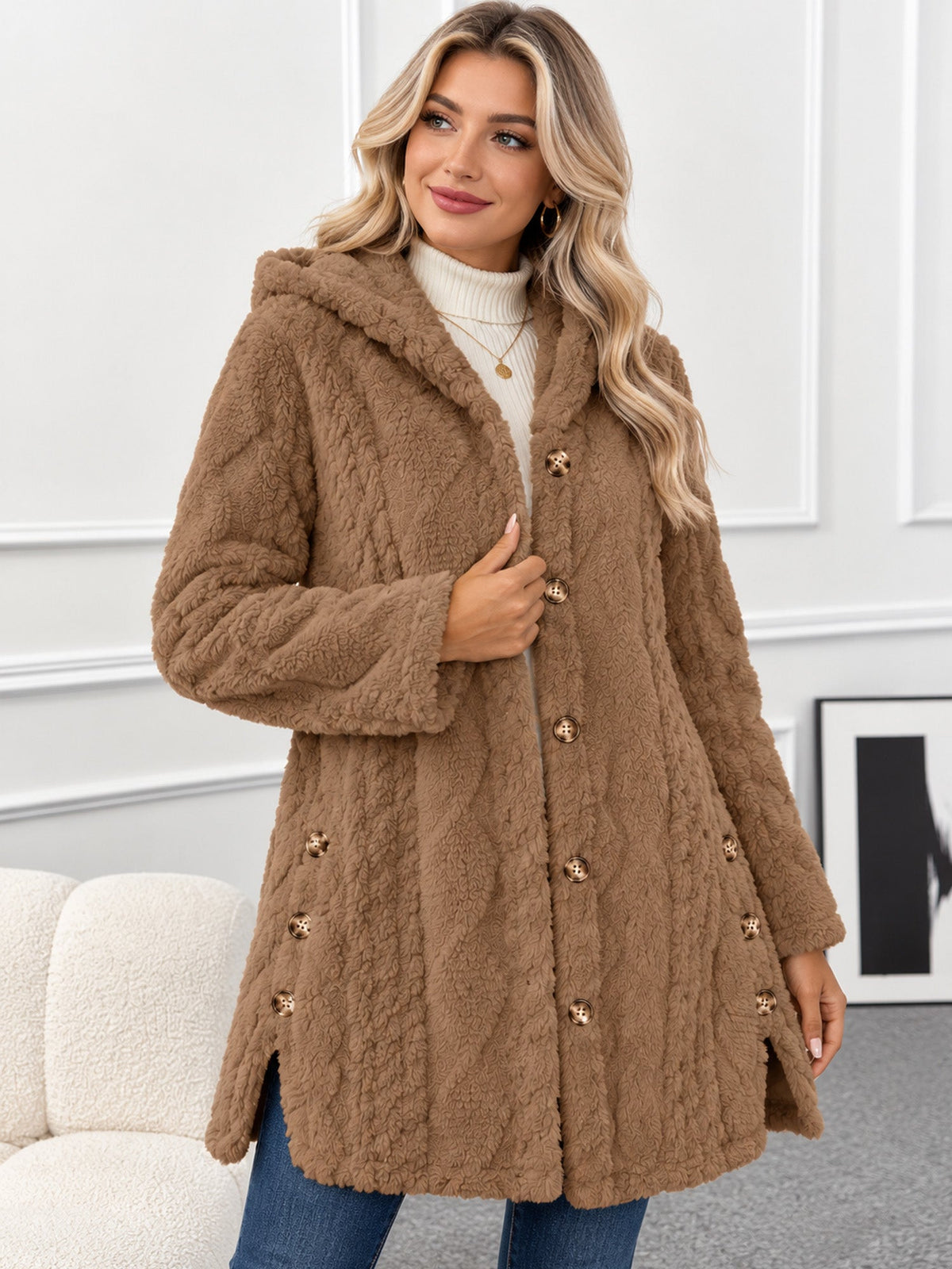 Wendy | Cappotto con cappuccio in maglia testurizzata per donna, caldo e avvolgente