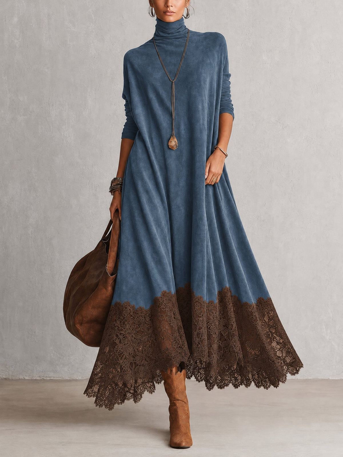 Antonella | Abito elegante in stile vintage con effetto pelle scamosciata e orlo in pizzo