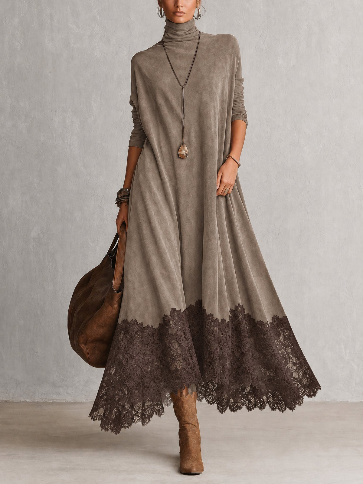 Antonella | Abito elegante in stile vintage con effetto pelle scamosciata e orlo in pizzo
