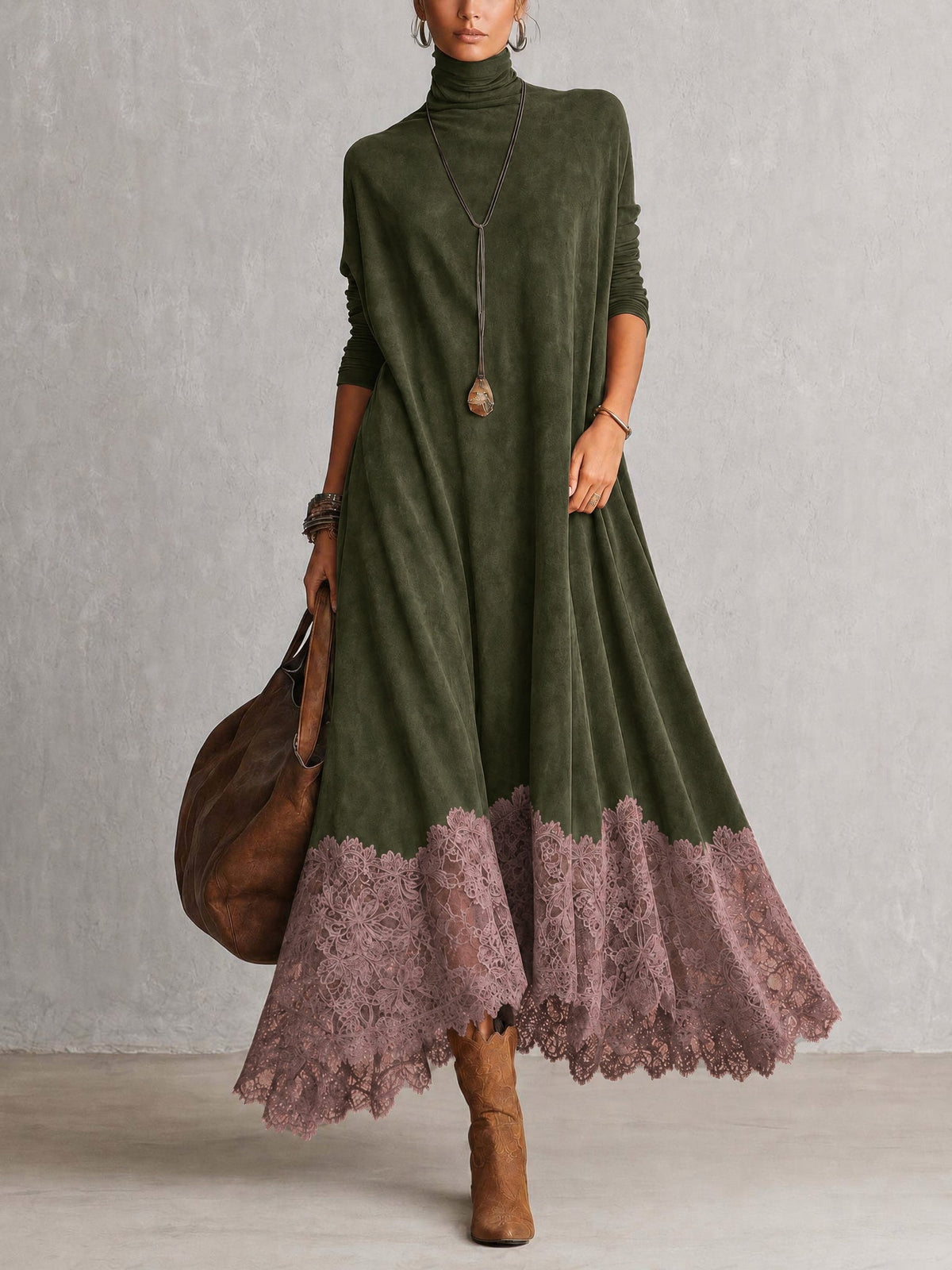 Antonella | Abito elegante in stile vintage con effetto pelle scamosciata e orlo in pizzo