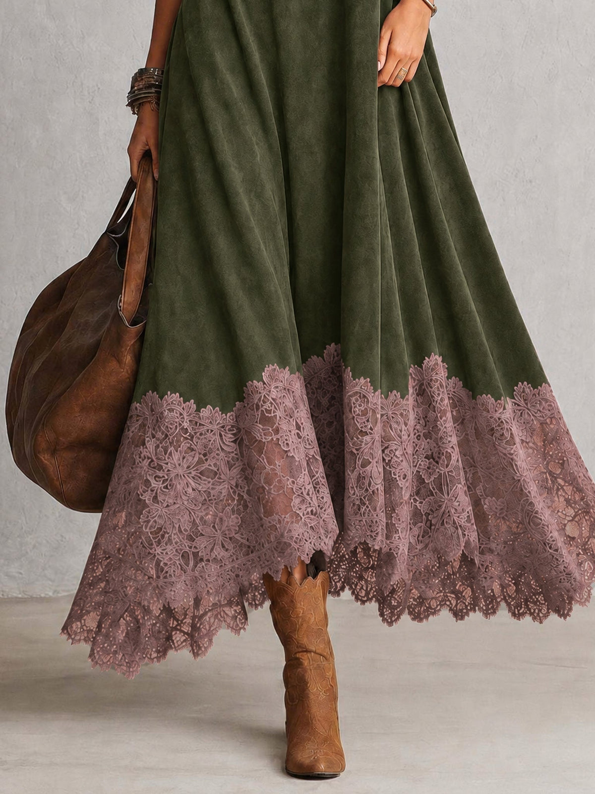 Antonella | Abito elegante in stile vintage con effetto pelle scamosciata e orlo in pizzo