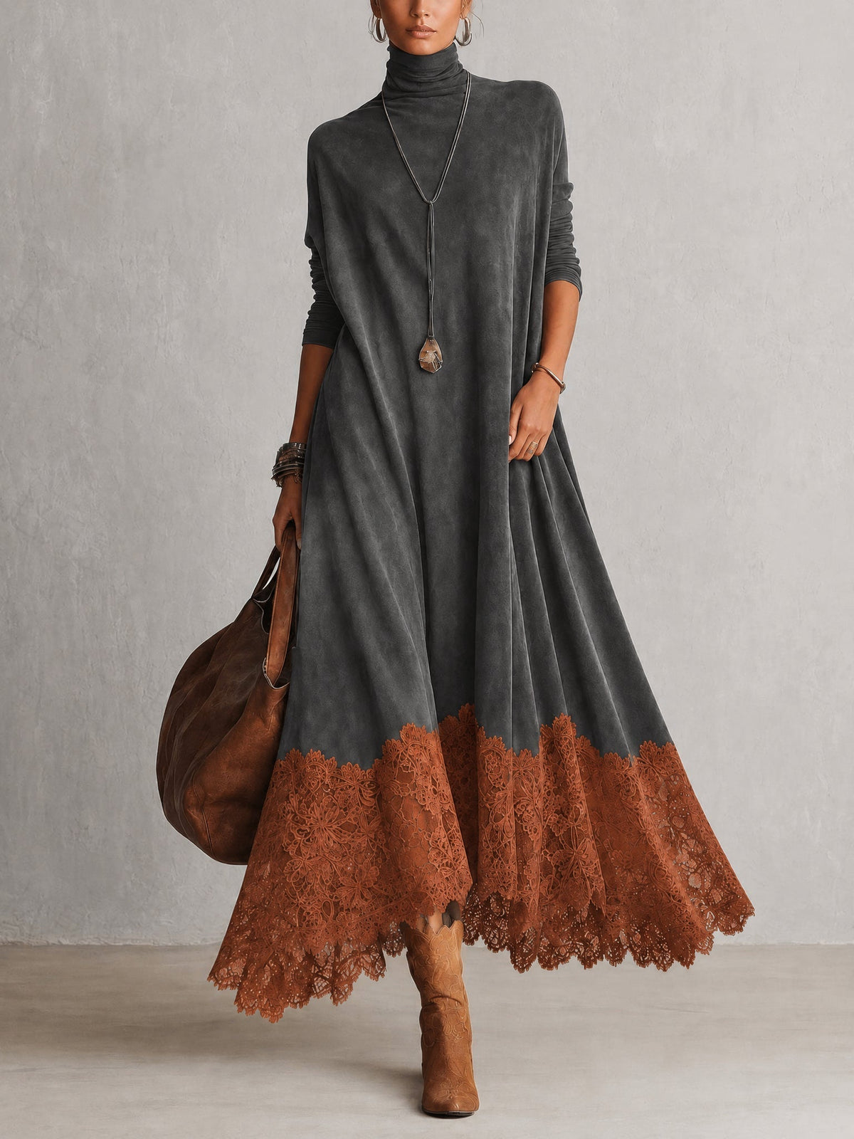 Antonella | Abito elegante in stile vintage con effetto pelle scamosciata e orlo in pizzo