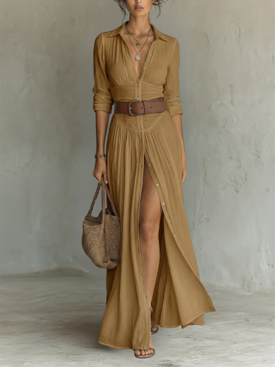 Aura | Vestito Lungo con Colletto a Revers e Maniche Lunghe