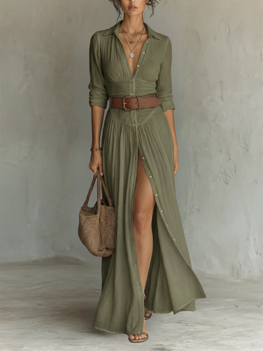 Aura | Vestito Lungo con Colletto a Revers e Maniche Lunghe