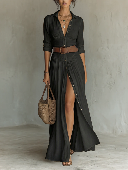 Aura | Vestito Lungo con Colletto a Revers e Maniche Lunghe