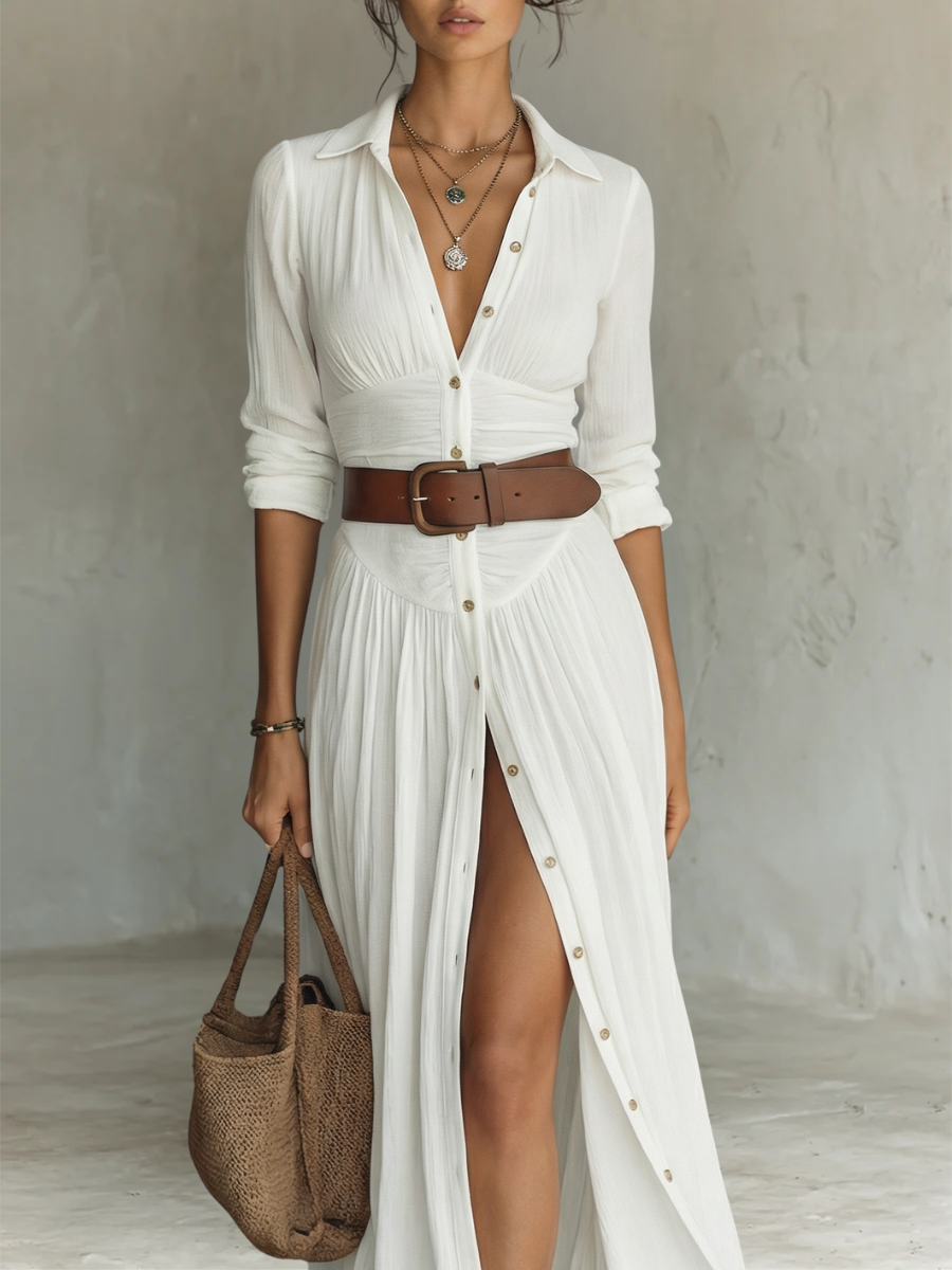 Aura | Vestito Lungo con Colletto a Revers e Maniche Lunghe
