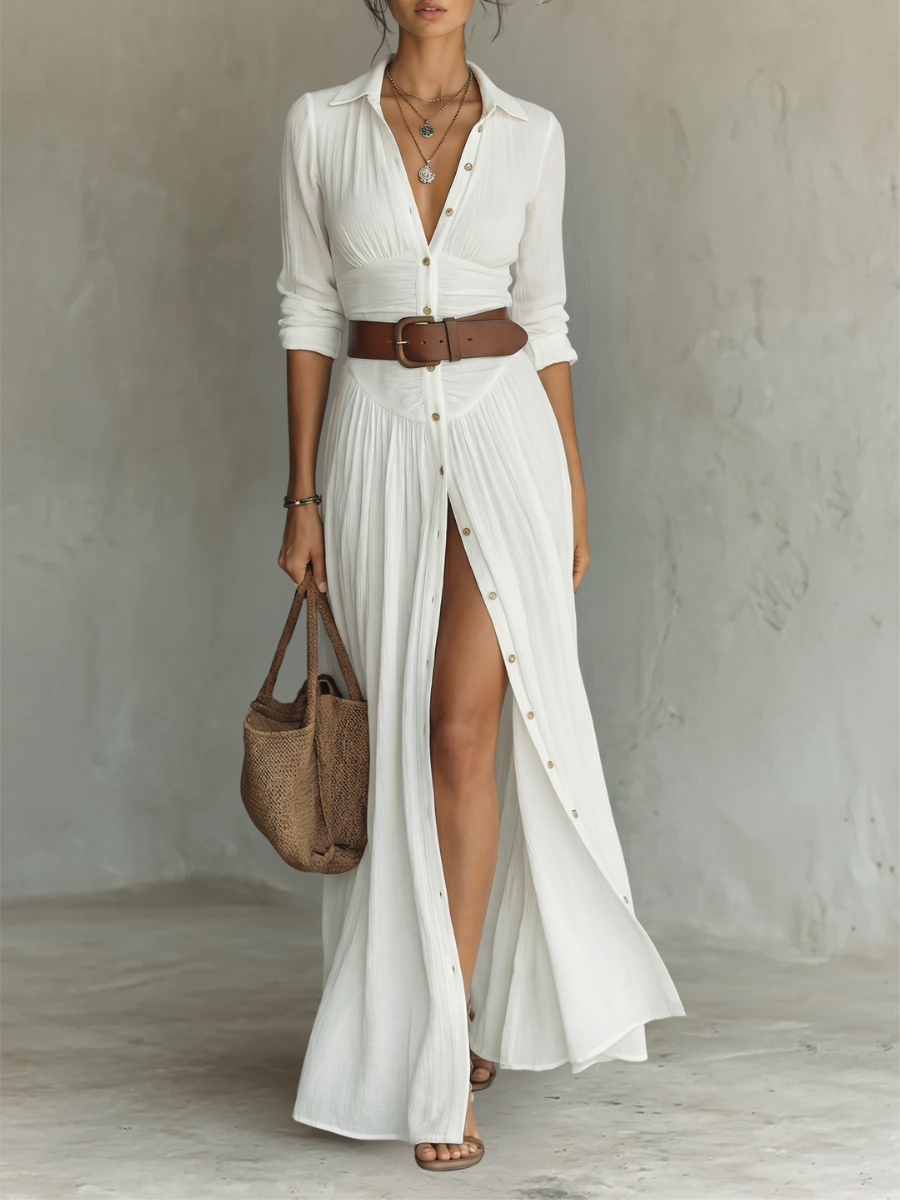 Aura | Vestito Lungo con Colletto a Revers e Maniche Lunghe