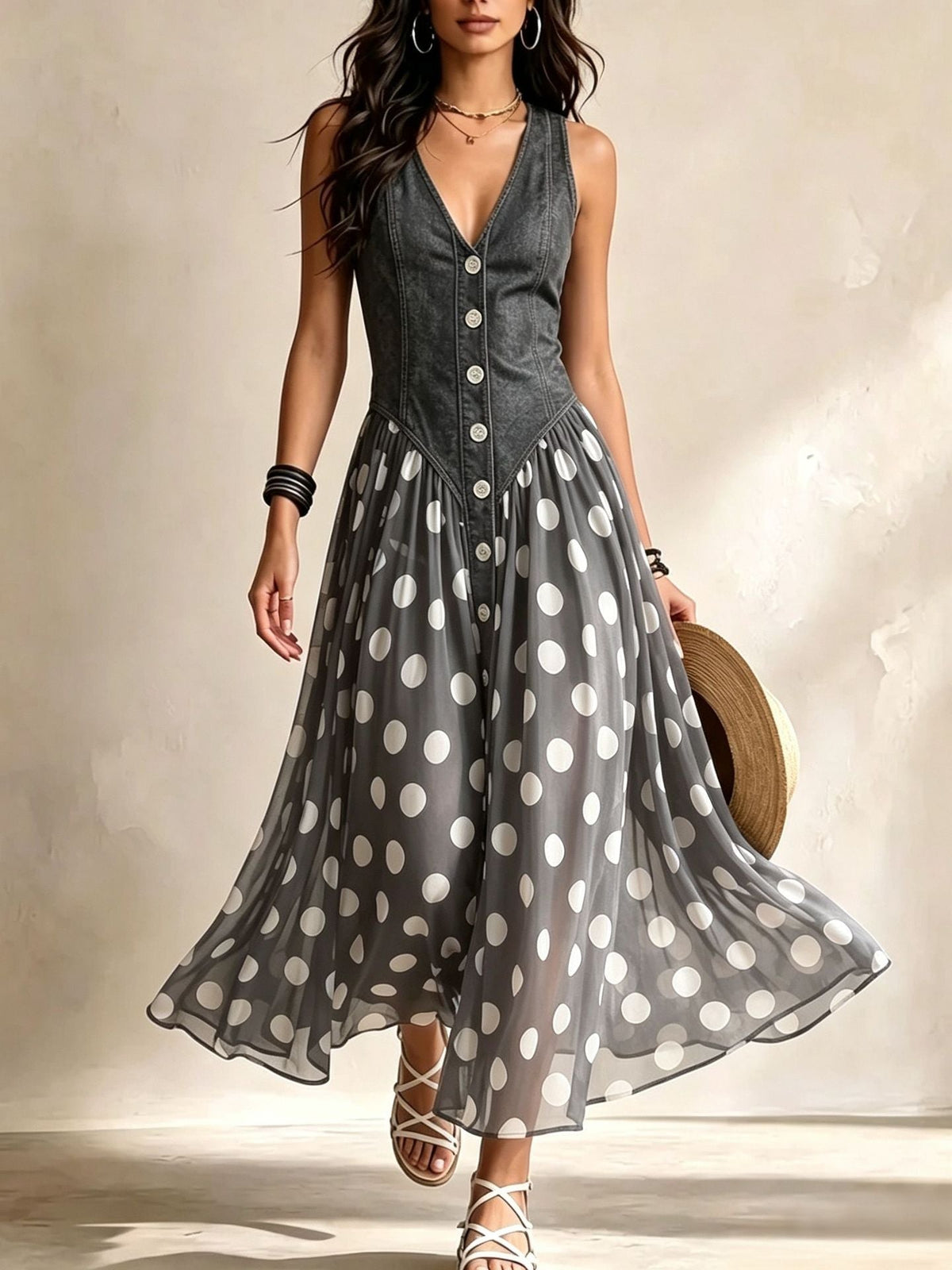 Brenda | Vestito Elegante con Gonna in Chiffon a Pois
