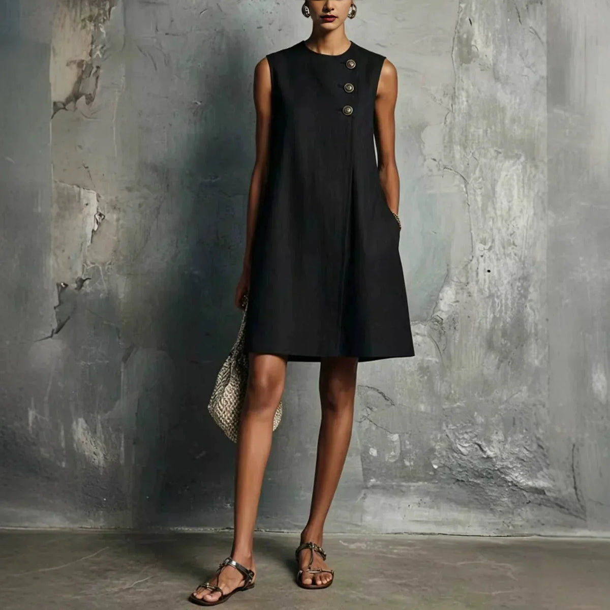 Sienna | Vestito Senza Maniche con Bottonatura Asimmetrica