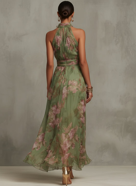 Serena | Vestito Lungo Verde Floreale in Chiffon