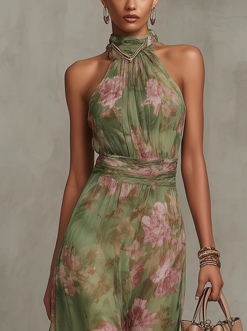 Serena | Vestito Lungo Verde Floreale in Chiffon