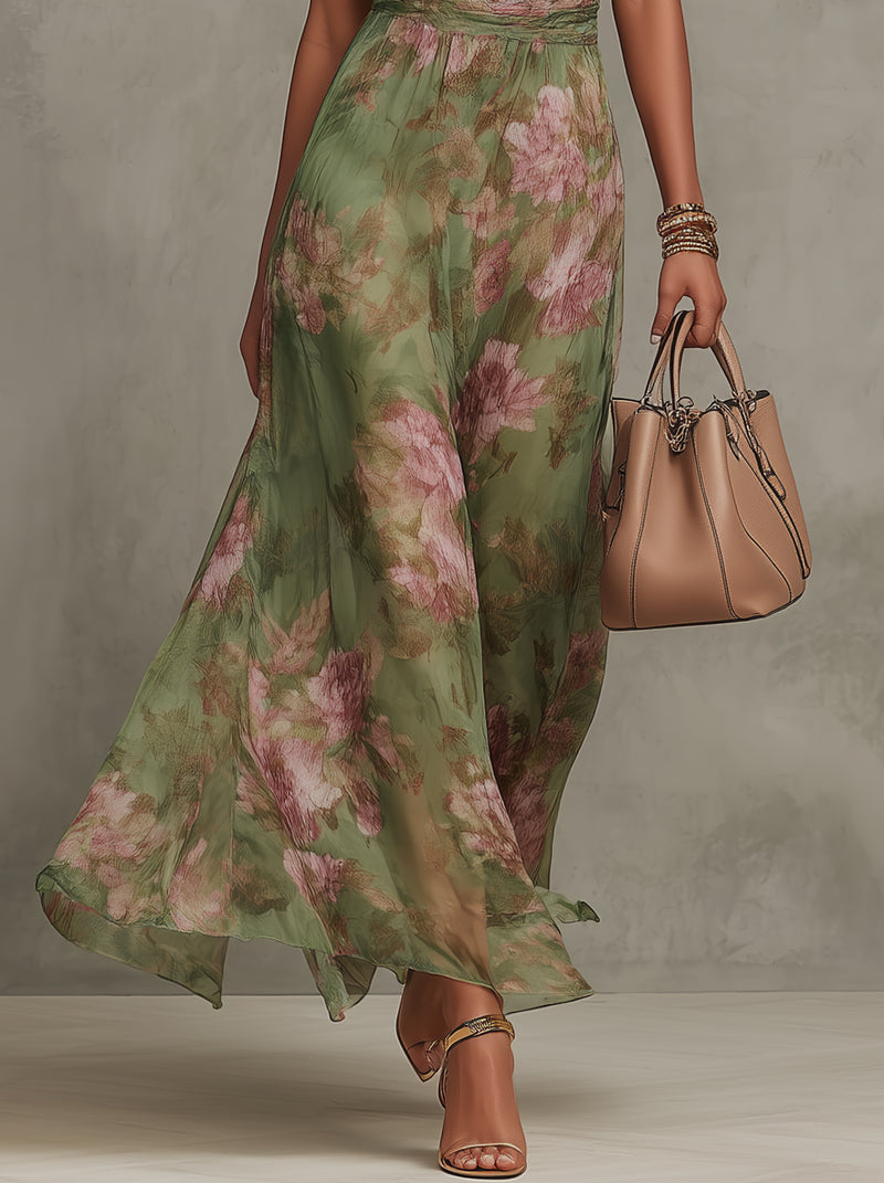 Serena | Vestito Lungo Verde Floreale in Chiffon