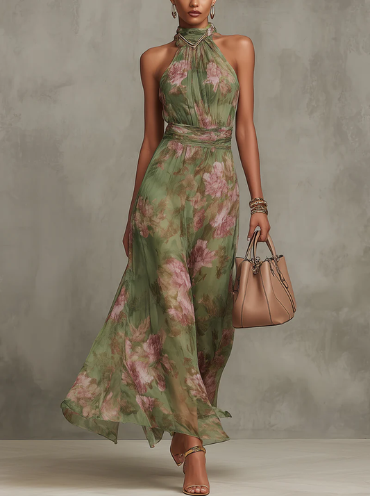Serena | Vestito Lungo Verde Floreale in Chiffon
