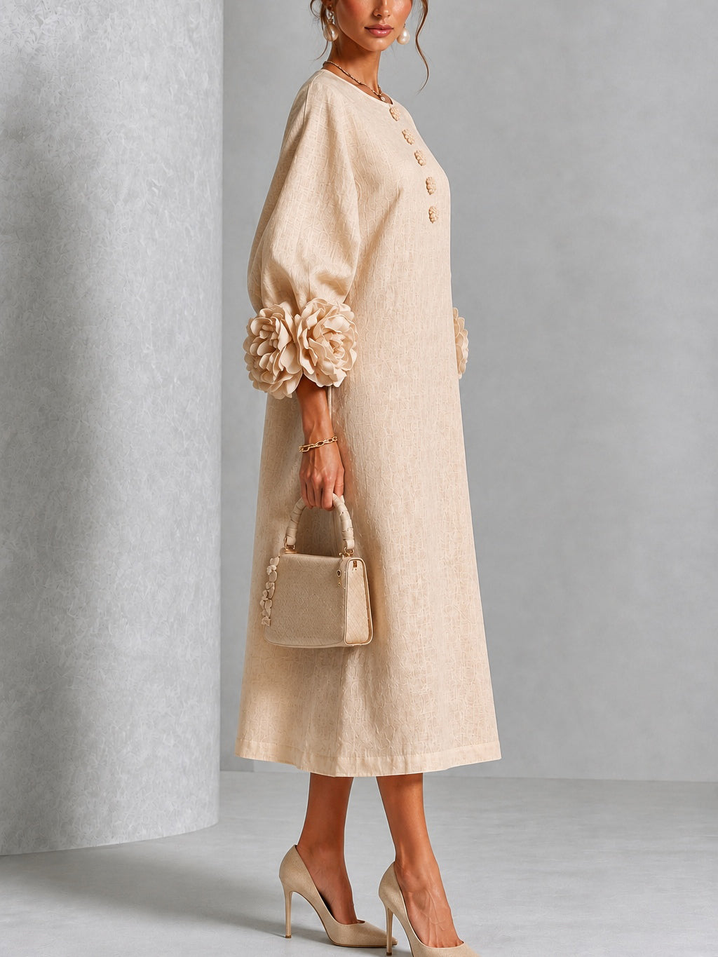 Rame | Vestito Midi con Bottoni e Polsini Floreali Vistosi