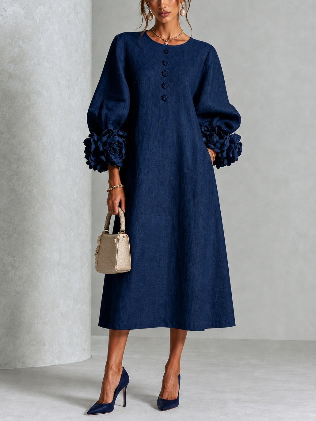 Rame | Vestito Midi con Bottoni e Polsini Floreali Vistosi