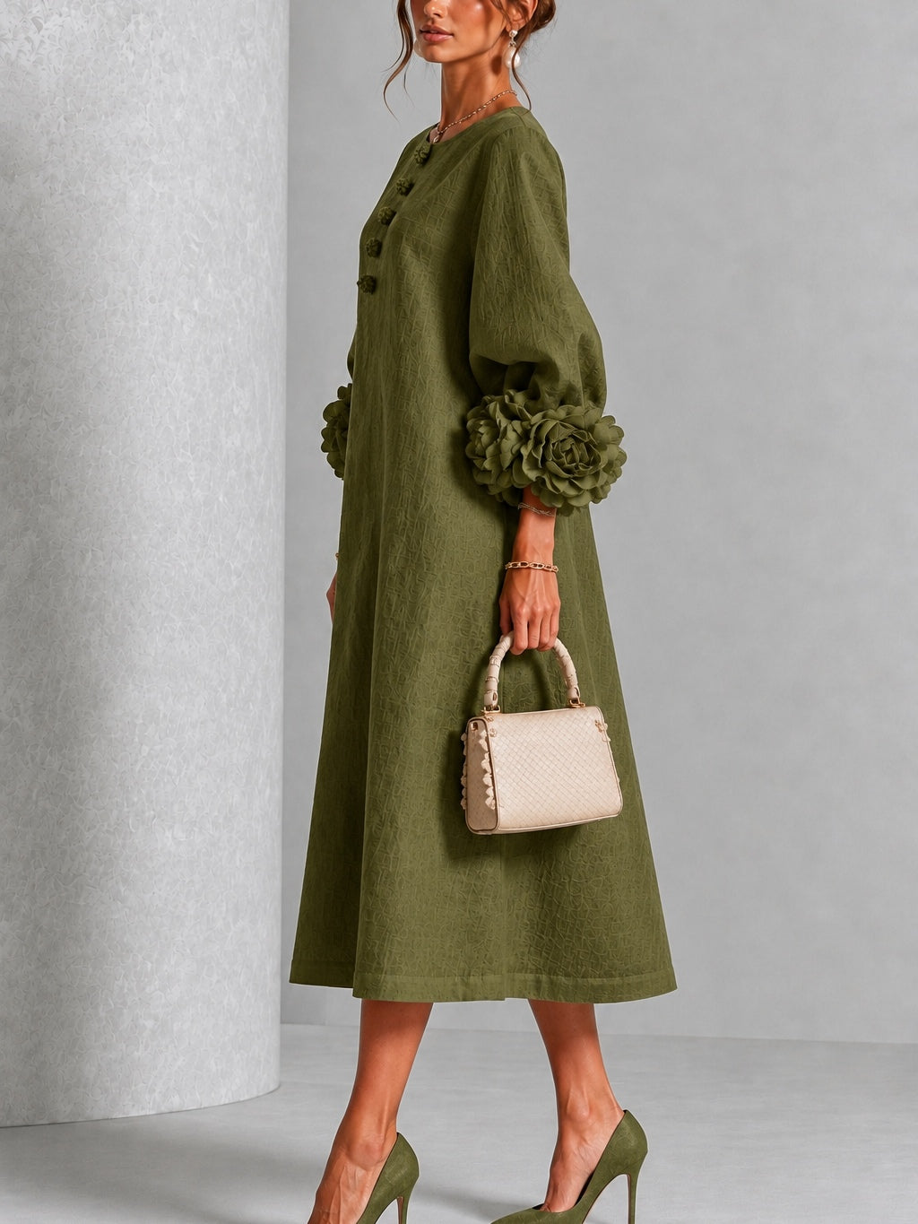 Rame | Vestito Midi con Bottoni e Polsini Floreali Vistosi