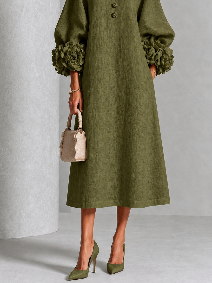Rame | Vestito Midi con Bottoni e Polsini Floreali Vistosi