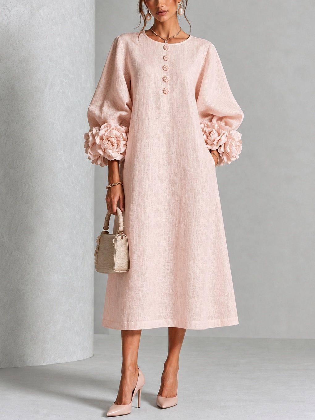 Rame | Vestito Midi con Bottoni e Polsini Floreali Vistosi