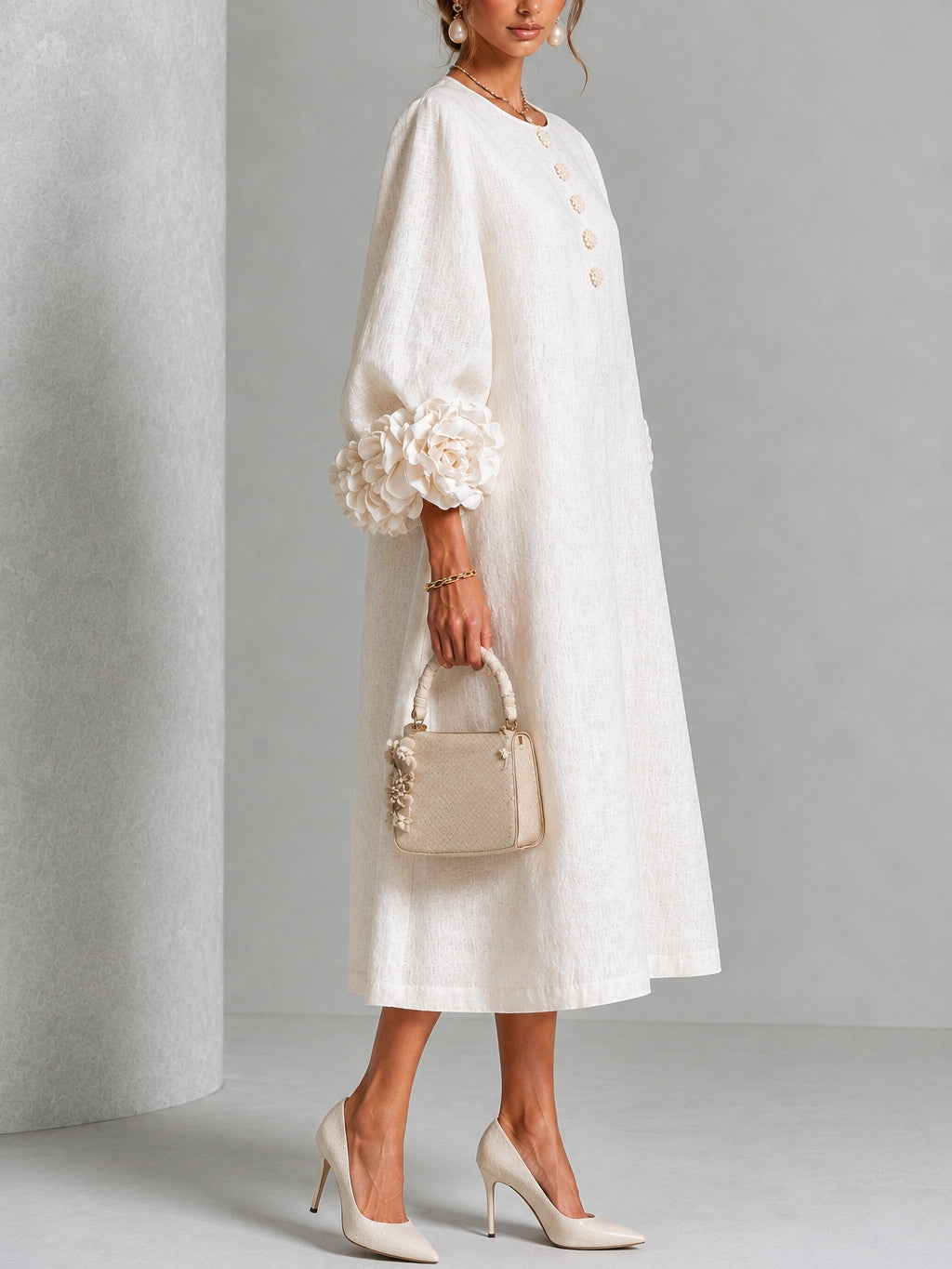 Rame | Vestito Midi con Bottoni e Polsini Floreali Vistosi