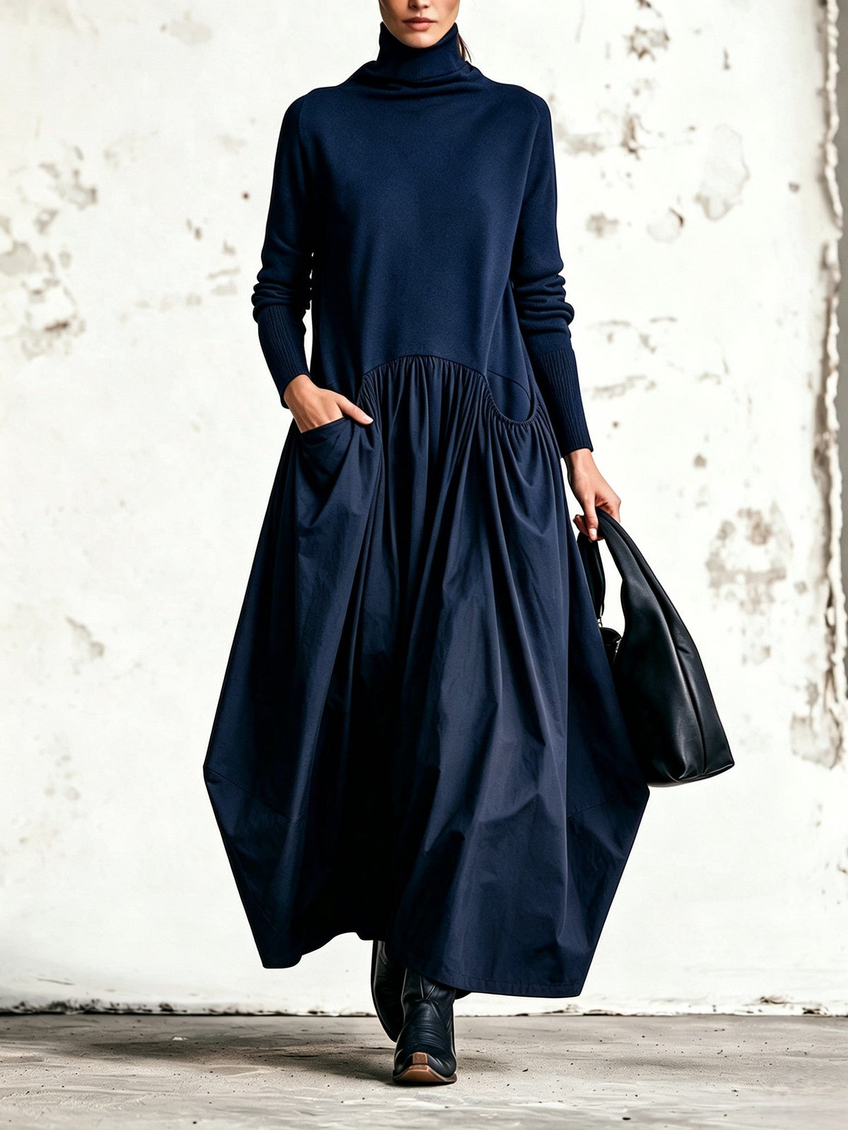 Chiara | Abito elegante oversize con collo alto e tasche decorative