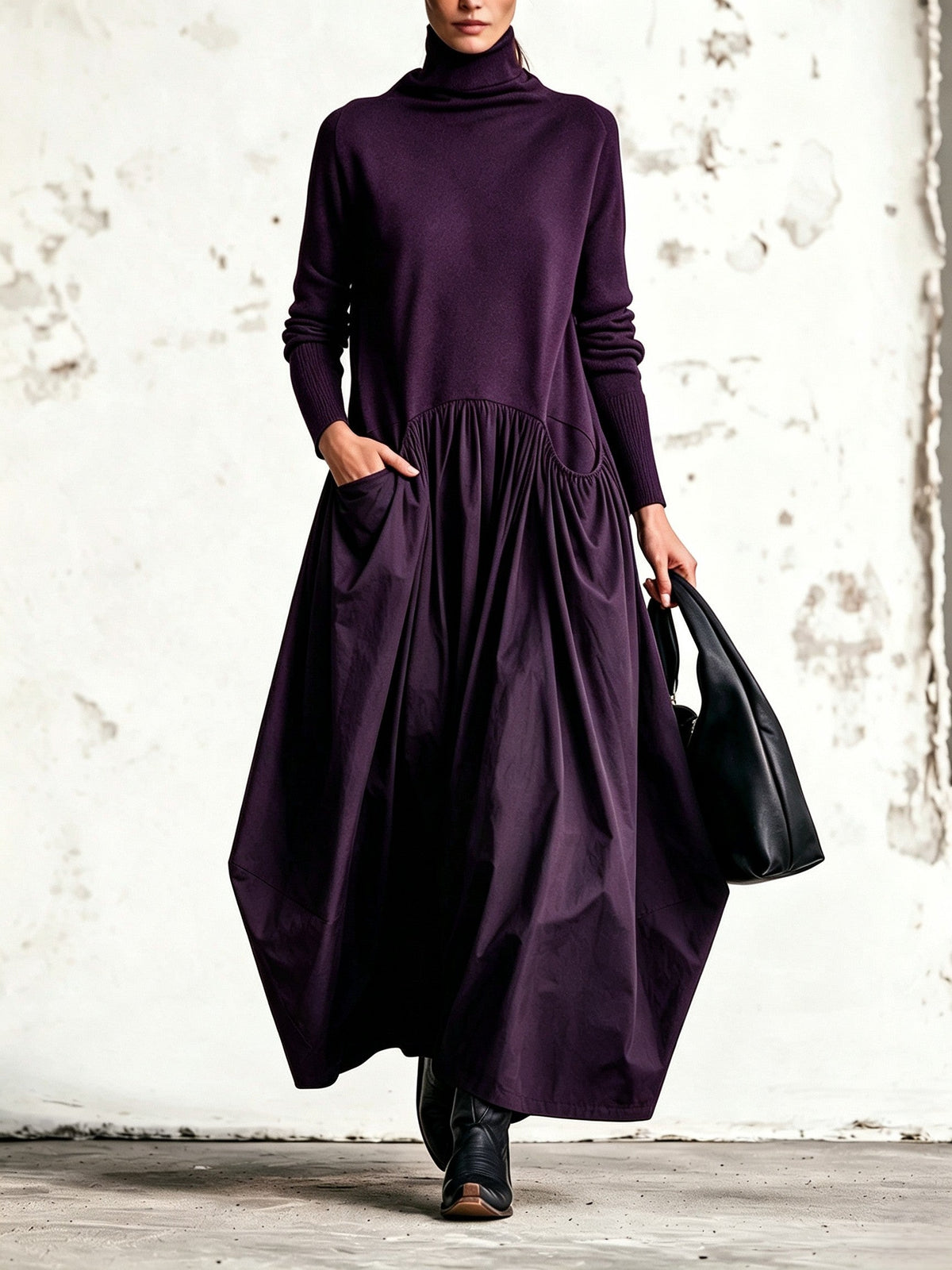 Chiara | Abito elegante oversize con collo alto e tasche decorative