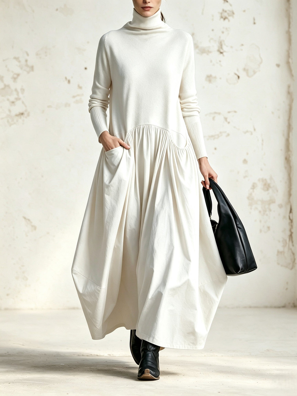 Chiara | Abito elegante oversize con collo alto e tasche decorative