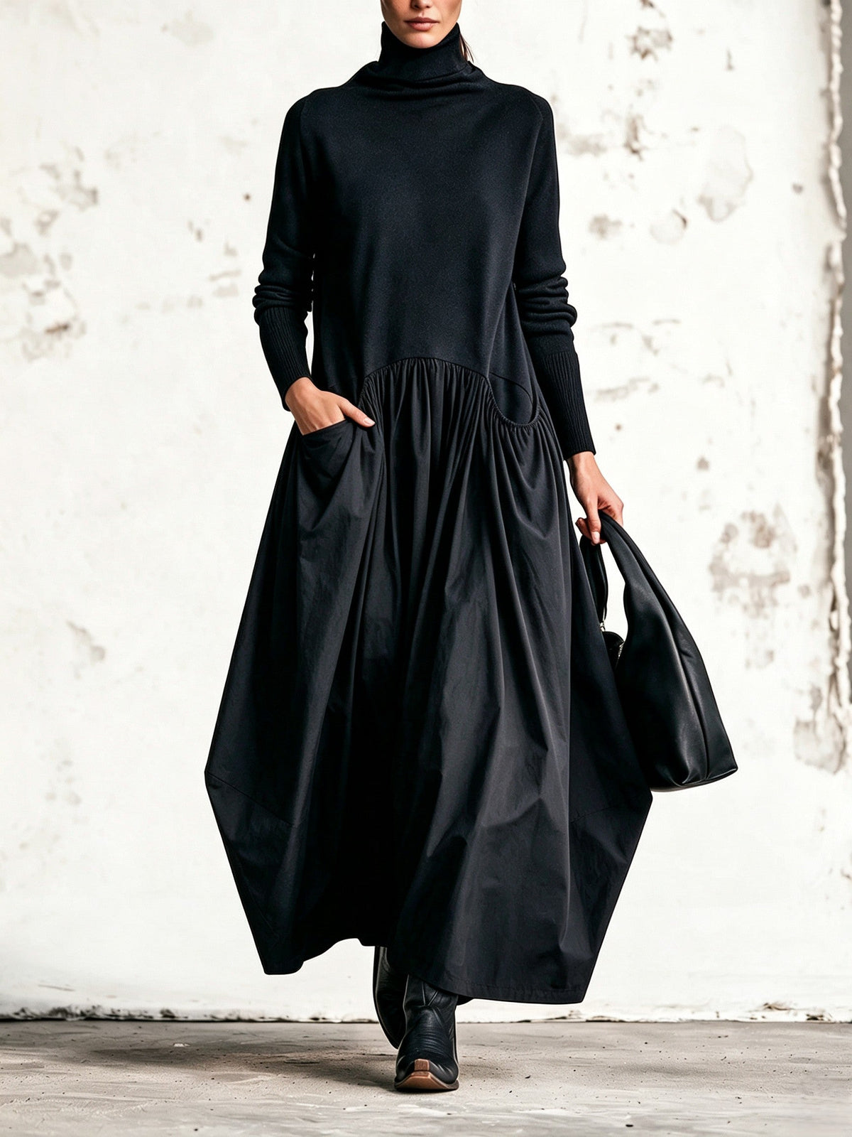 Chiara | Abito elegante oversize con collo alto e tasche decorative