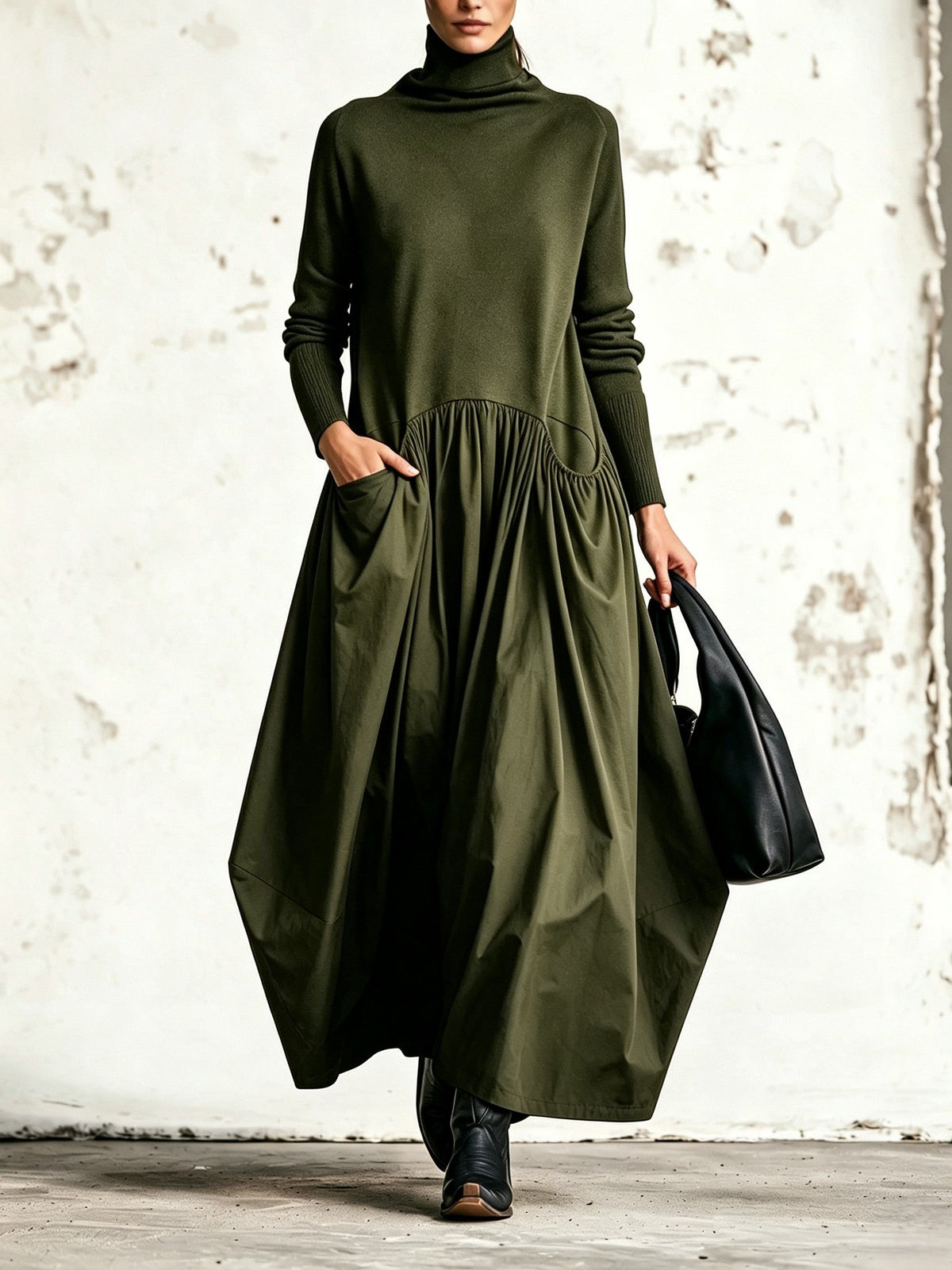 Chiara | Abito elegante oversize con collo alto e tasche decorative