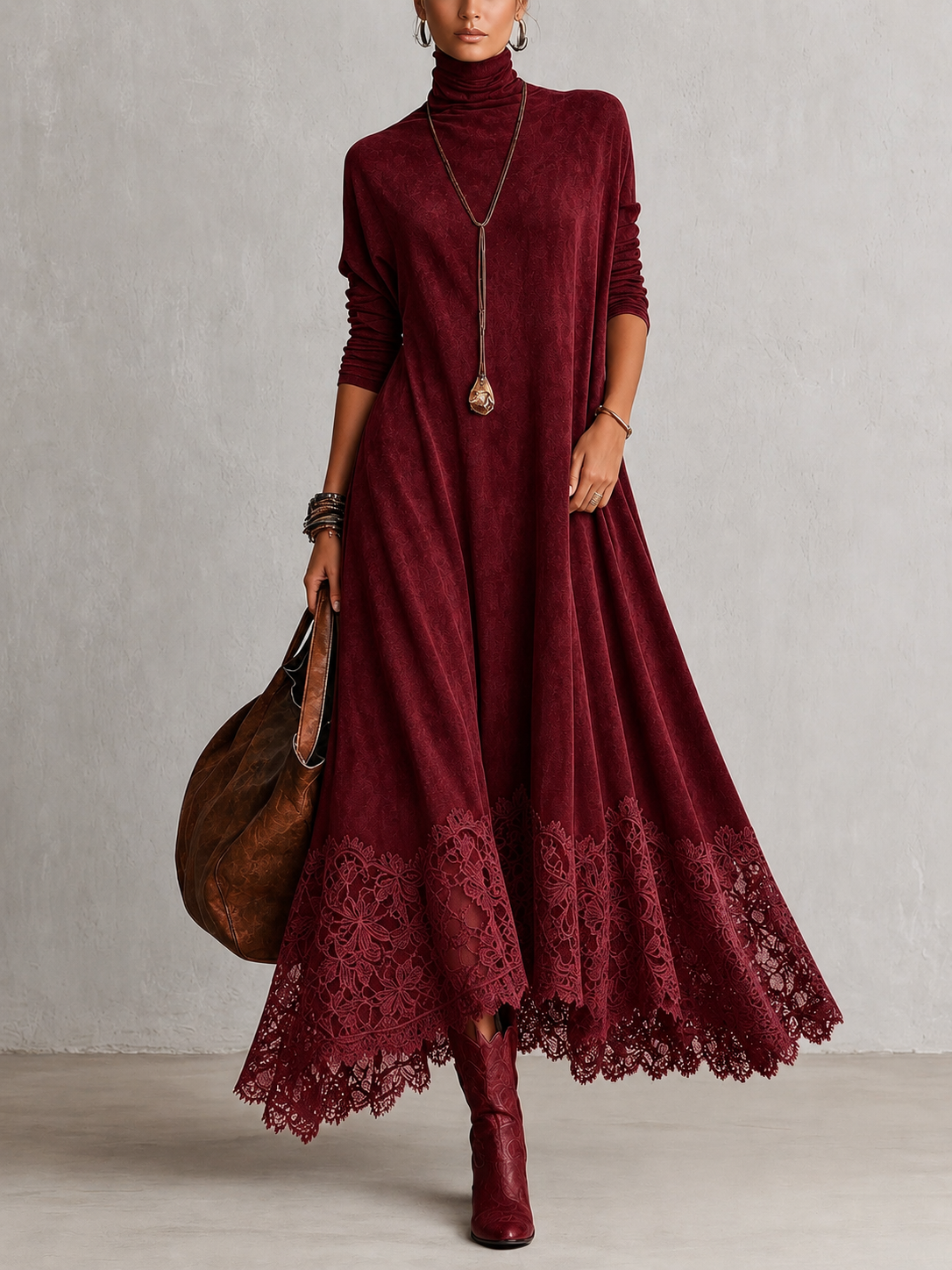 Antonella | Abito elegante in stile vintage con effetto pelle scamosciata e orlo in pizzo