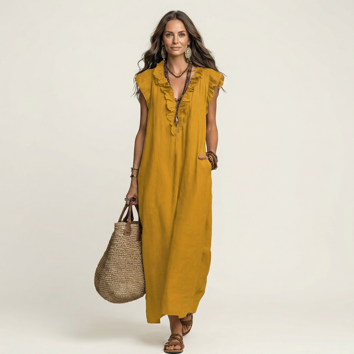 Anita | Vestito Lungo con Scollo a V e Volant