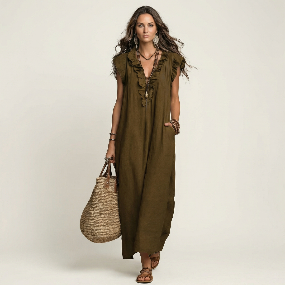 Anita | Vestito Lungo con Scollo a V e Volant
