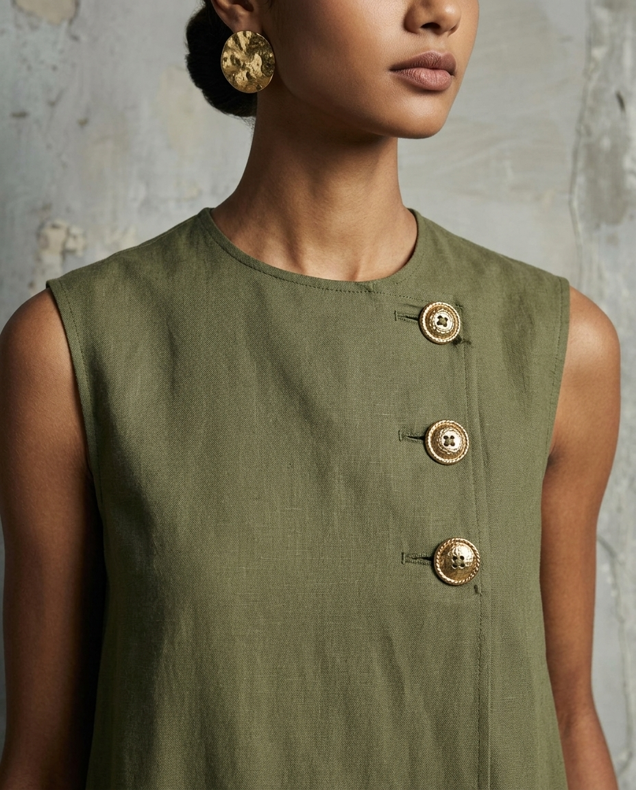 Sienna | Vestito Senza Maniche con Bottonatura Asimmetrica