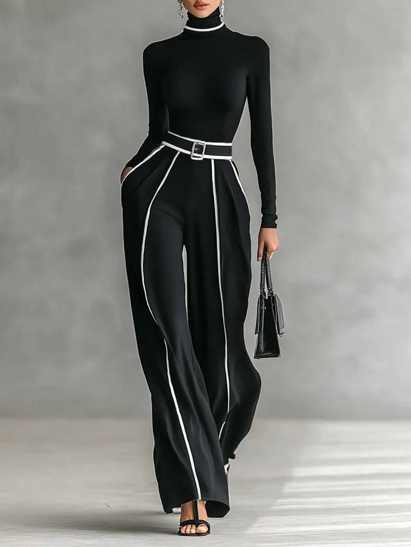 Completo elegante nero con dolcevita e pantaloni ampi