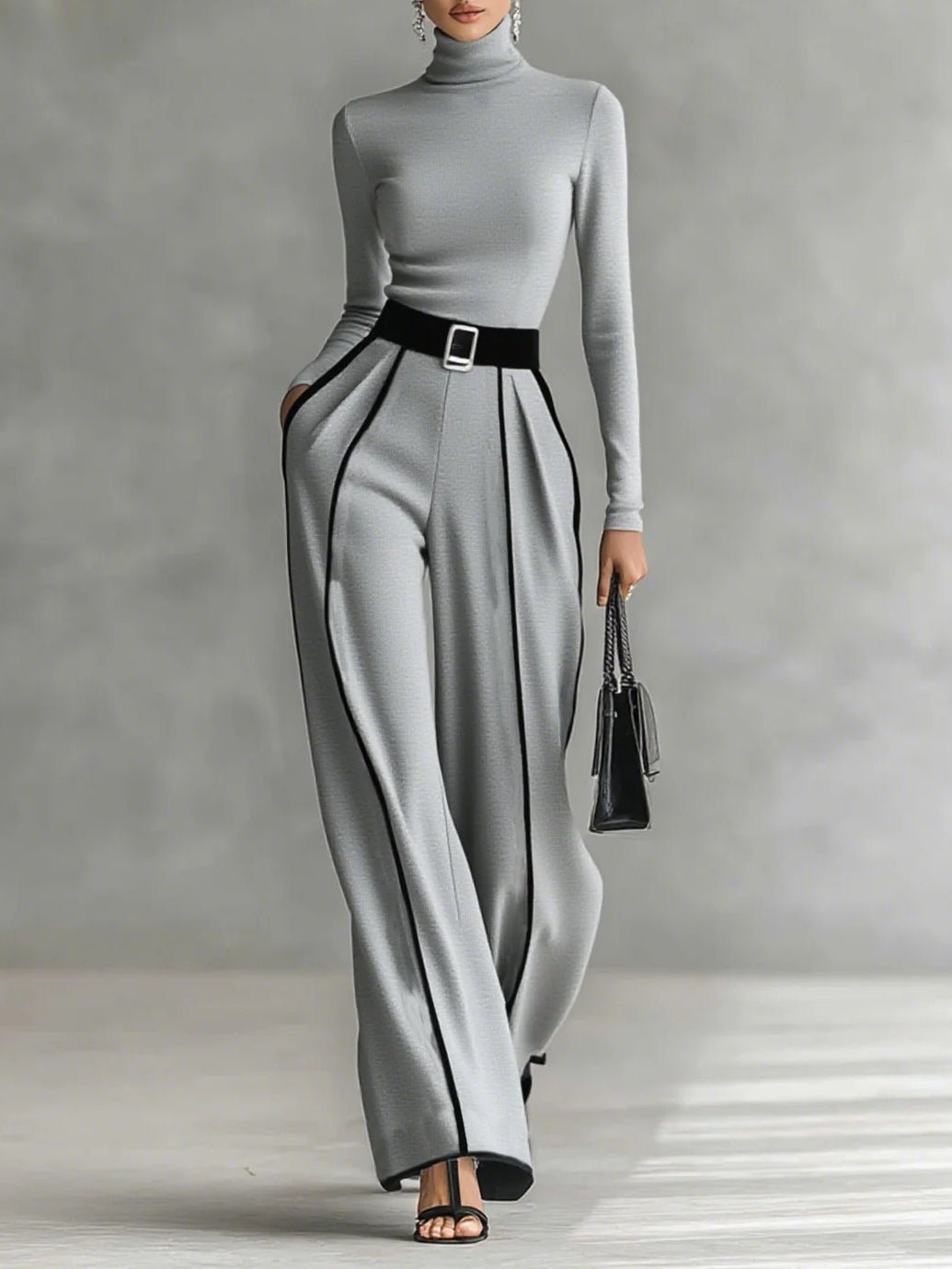 Completo elegante grigio con dolcevita e pantaloni ampi