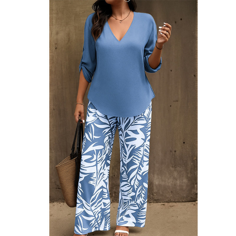 Leire | Completo Donna Camicetta con Scollo a V e Pantaloni Stampati Ampi