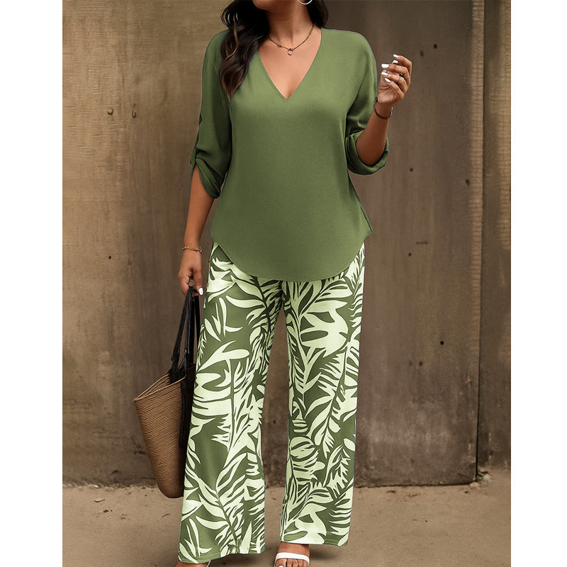 Leire | Completo Donna Camicetta con Scollo a V e Pantaloni Stampati Ampi