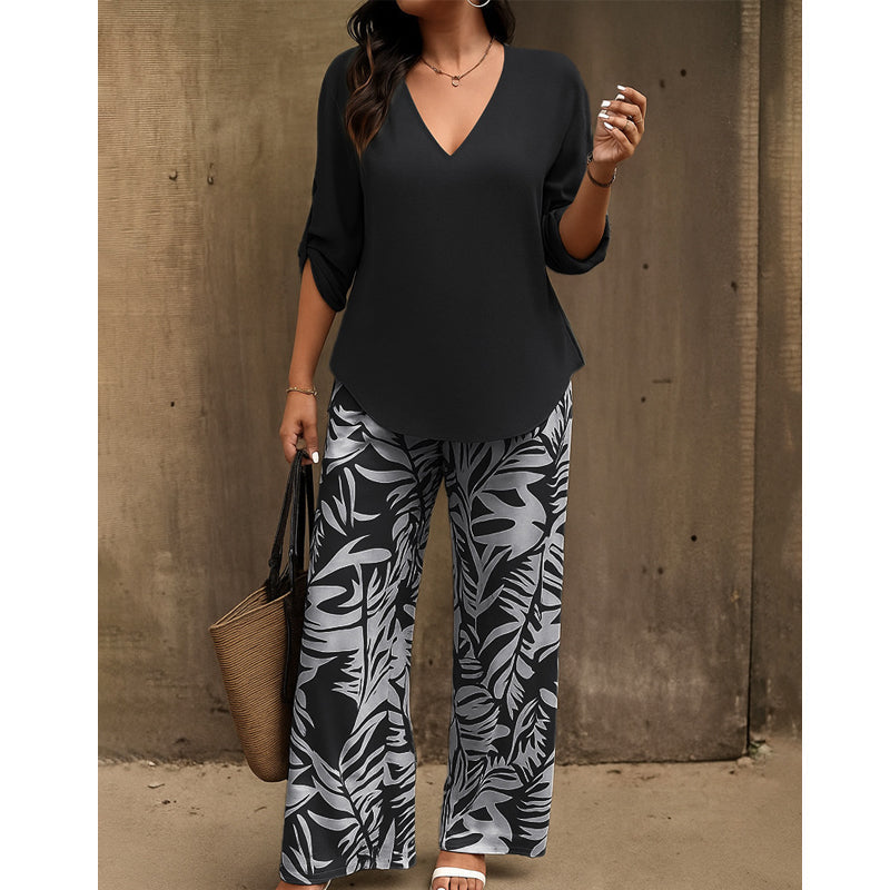 Leire | Completo Donna Camicetta con Scollo a V e Pantaloni Stampati Ampi